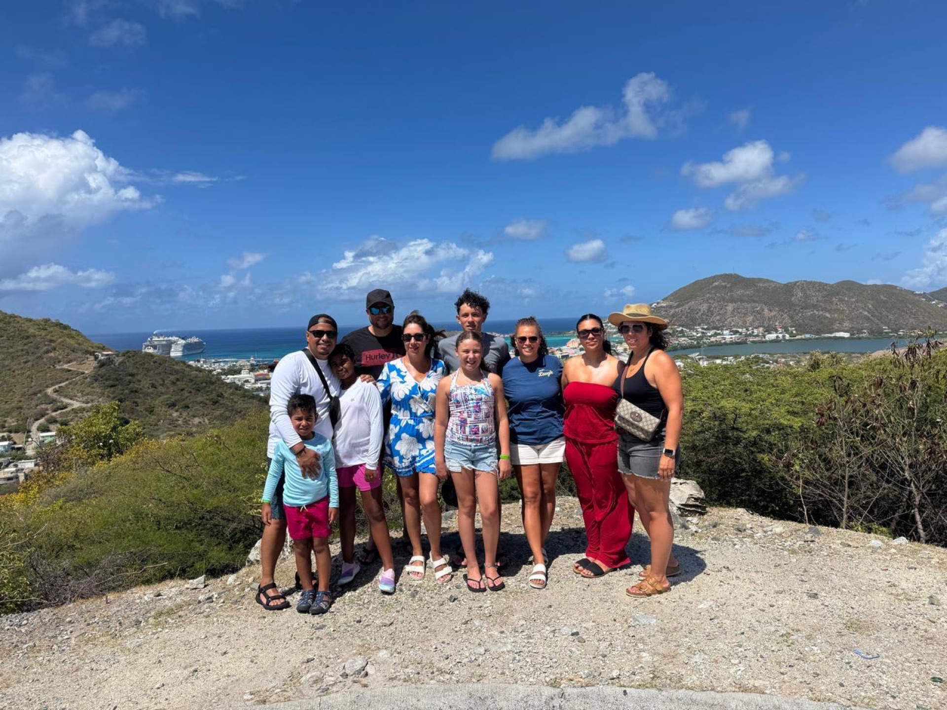 Mountaintop viewpoint with a cruise ship docked in Philipsburg harbour, Sint Maarten